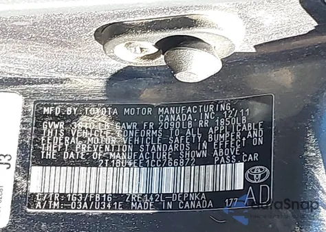 2012 Toyota Corolla Le z USA, uszkodzony, nr VIN 2T1BU4EE1CC766872